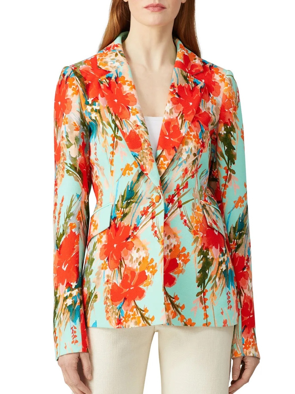 Badgley Mischka Aqua Multi Floral Print Blazer 2 Single Breasted Pocket Notched